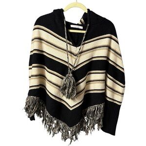 Dreamers Striped Hooded Fringe Poncho Sweater - Black & Cream by Dreamers